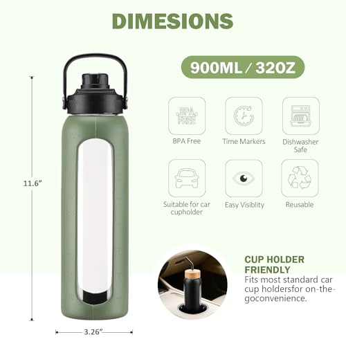 32 oz Glass Water Bottle with Straw and 2 Lids (Olive / 32 Ounces)