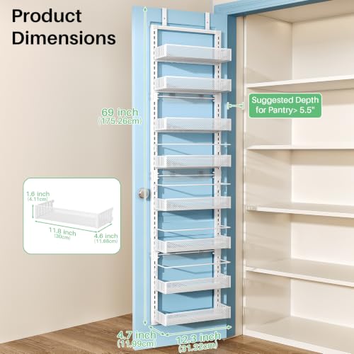 8 Tiers Narrow Over the Door Organizer (White / 12.3" W x 4.7" D x 69" H)