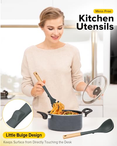 Silicone Soup Ladle and Pasta Spoon Set with Wooden Handle (2 Count)