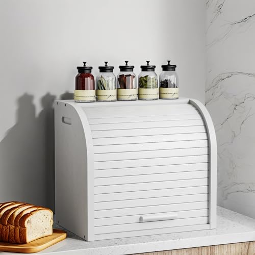 2 Tier Bamboo Bread Box for Kitchen Counter (White / Large)