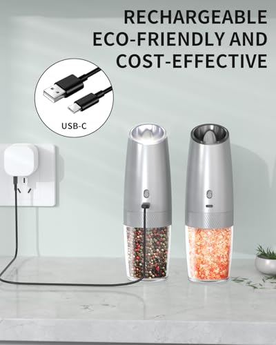 Gravity Electric Salt and Pepper Grinder Set with 2 (Rechargeable / Silver Variable Speeds)