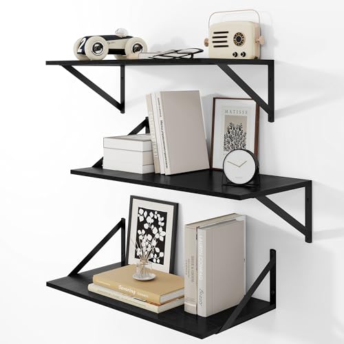 24W x 12D Deep Floating Shelves Set of 3 Black (Black With Black Metal Bracket / 24wx12dx5.8h)