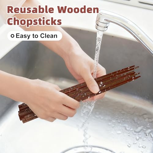 5 Pairs Reusable Hardwood Chopsticks Set (Natural Wood - Minimalist Line Art)