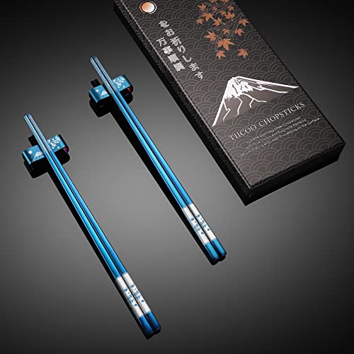 Metal Chopsticks Reusable 2 Pairs Titanium Plated 18 (Blue)