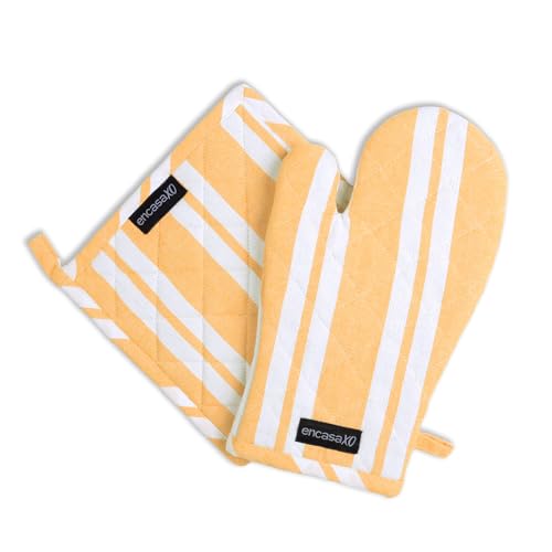 Oven Mitts and Pot Holders Set (Oven Glove + Pot Holder / Franca Yellow Stripes)