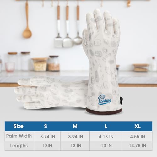 Heat Resistant Gloves Oven Hot Mitts with Fingers Silicone Oven Glove for Cooking Baking Grilling BBQ Cute Print White Large (Large)