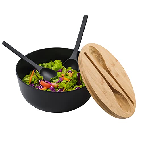 Bamboo Fiber Salad Bowl with Servers Set Large 9.8 inches Nature Bamboo Mixing Bowl with Servers with Lid Spoon and Fork for Fruits