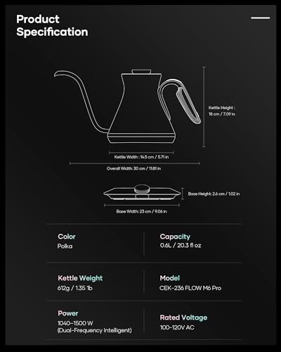 Color Changing Gooseneck Electric Kettle for Precision Brewing (Polka)