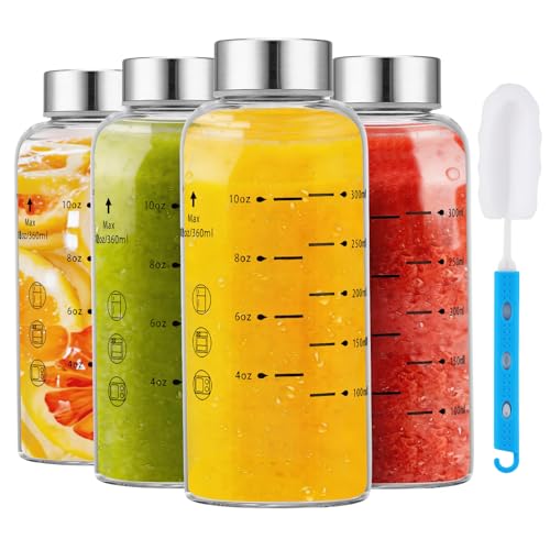 Glass Juice Bottles 4 Pack 12 oz (12 Ounces / 4 Pack Silver Lid)