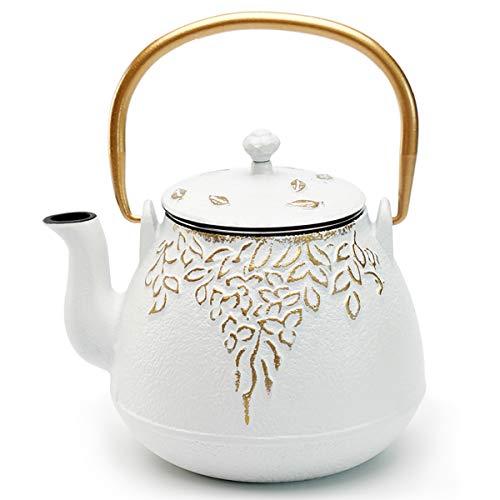 Tea Kettle TOPTIER Japanese Cast Iron Teapot with Infuser for Loose Leaf and Tea Bags (40 oz / White)