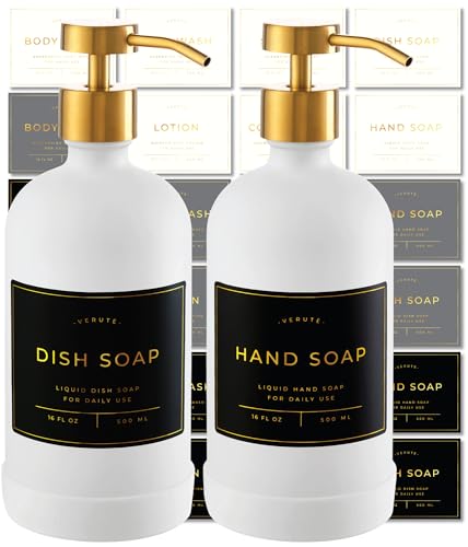 Hand and Dish Soap Dispenser for Kitchen and Bathroom (Matte White Bottle / Brushed Gold Pump)