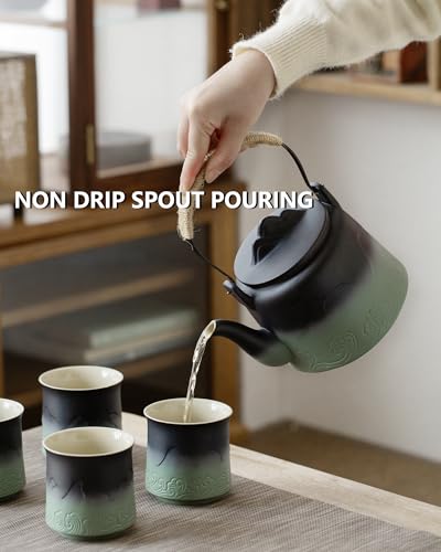 Japanese Teapot Set with 4 Cups (Black & Pea Green / 33.8oz Teapot&4 of 8oz Cups)