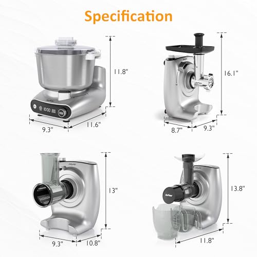 4-in-1 Multifunctional Stand Mixer, Electric Dough Mixer with 5.3 Quart Stainless Steel Bowl, Electric Stand Mixer for Baking & Home Cooking, with Meat Grinder, Juice Blender & Salad Maker (Silver)