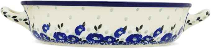 Polmedia Polish Pottery Round Baker with Handles 10-inch - Eternal Winter Pattern Handmade in Boleslawiec Poland by Ceramika Artystyczna + Certificate of Authenticity