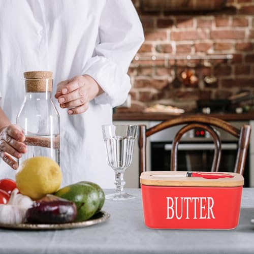 Ceramic Butter Dish with Bamboo Lid and Stainless Steel Knife Spreader (Red)