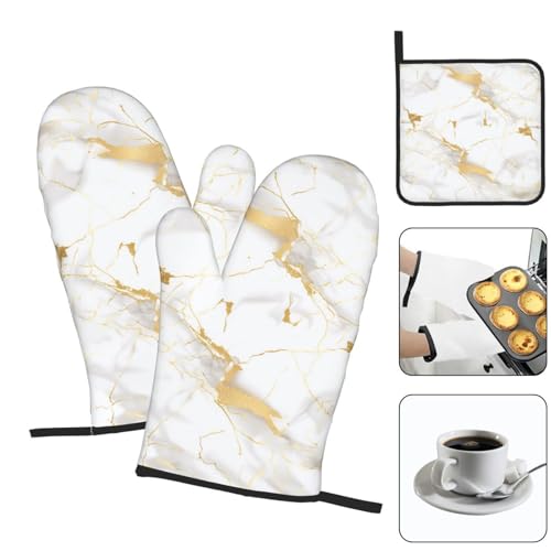 White Gold Marble Oven Mitts and Pot Holders Sets of 3 Heat Resistant Oven Gloves Hot Pads Non (White Gold Marble)