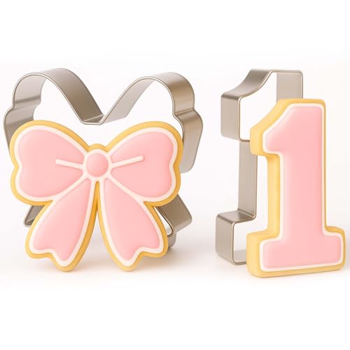 Pink Bow Birthday Party Supplies 2 Pcs 5 Inch Bow Cookie Cutter Number One Cookie Cutter Baking Mold Metal Sandwich Pancake Fondant Cake Mold First Birthday First Anniversary Wedding Party (Bow)