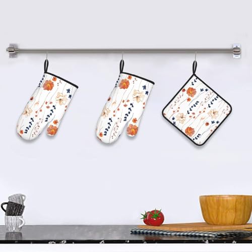 Watercolor Orange Floral Oven Mitts and Pot Holders Set Heat Resistant Non Slip Set of 3 Navy Blue and Orange Flower Decorative Kitchen Gloves Hot Pads for Cooking BBQ Baking Grilling (3 Count)