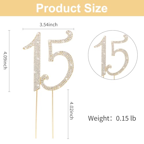 Gold 15th Birthday Cake Topper Rhinestones Cake Decorations for 15th Birthday Party (15th- Gold)