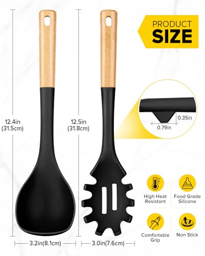 Silicone Soup Ladle and Pasta Spoon Set with Wooden Handle (2 Count)