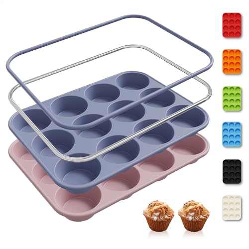 2 Pack 12 Cups Silicone Muffin Pan with Metal Reinforced Frame Regular Size Silicone Molds Cupcake Cake Baking Pans Baking Mold Best Baking Pans Tart Pan Sheet Set Reusable Cupcake Liners (2pc: 12-Cup Regular / Morandi Pink and Morandi Blue)