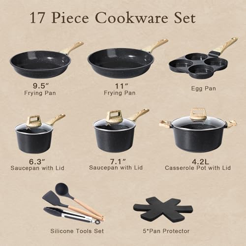 Ceramic Pots and Pans Set Non Stick (Dark Gray / 17 Pieces)