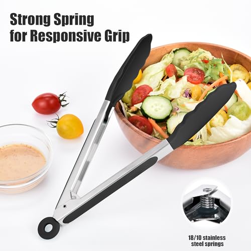 Kitchen Tongs with Silicone Tips for Cooking Serving (9in / Black)