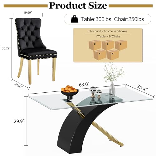 7 Piece Glass Dining Table Set for 6 (Black Table & Gold Black Chair / 7-Piece Set-X-Shaped Table)
