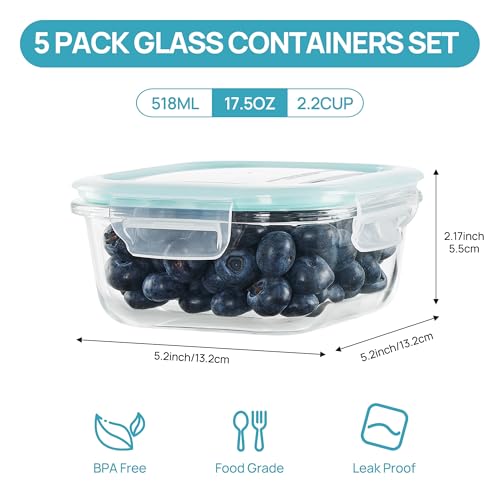 5Pack 17.5oz Glass Storage Containers with Lids (Green / 17.5oz)