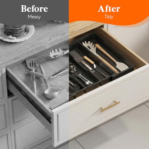 Utensil Organizer for Kitchen Drawers (Black / Medium Deep (11.5-20''W x 14.5"D))