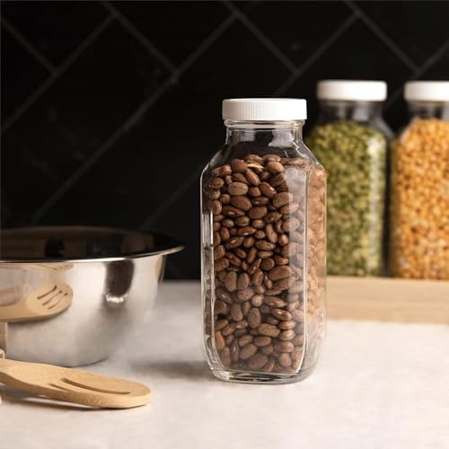 16oz Square Glass Milk Bottles with Lids Reusable Glass Bottles for Milk (16oz / 6 Pack)