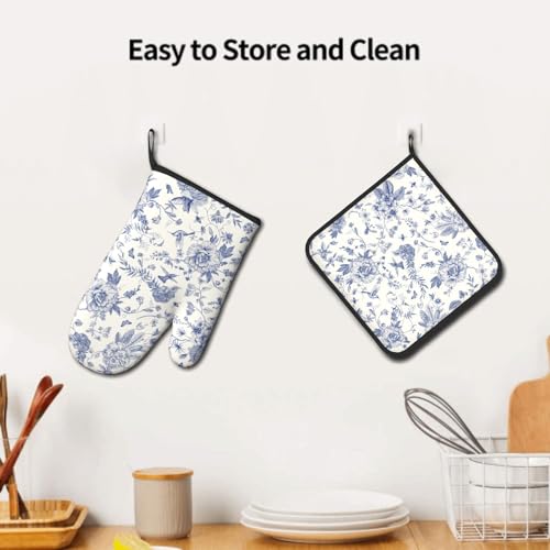 Chinoiserie Flower Oven Mitts and Pot Holder Blue Leaves Heat Resistant 2Pcs Washable Oven Gloves Hot Pads for Kitchen Baking Grilling BBQ (Chinoiserie Flower)