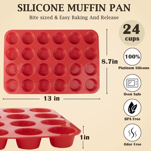 24 Cups Silicone Mini Muffin Pan Set (Set of 2--24 Cups (Red+Red))