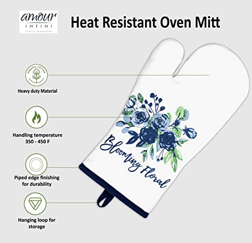 Oven Mitts Set of 1 Quilted Liner with Hanging Loop Non Slip (7x13 inches / Blooming Floral)