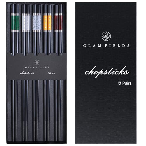 5 Pairs Premium Chopsticks Reusable Dishwasher Safe 9.5 Inch Fiberglass Chop Sticks Gift Set Non Slip Multi Color (Classic)