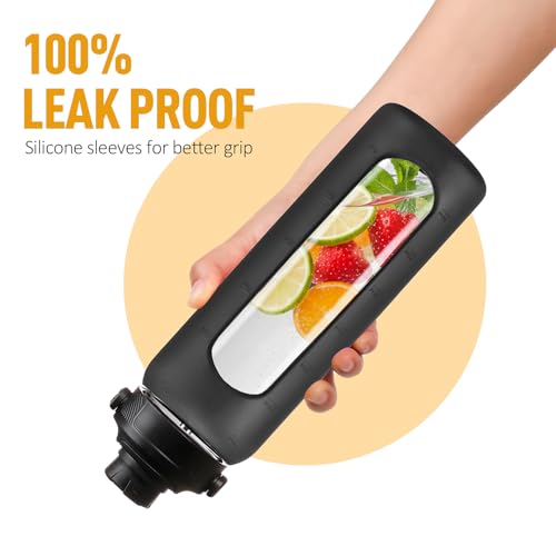 24oz Glass Water Bottle with Straw and 2 Lids (Black / 24 Ounces)