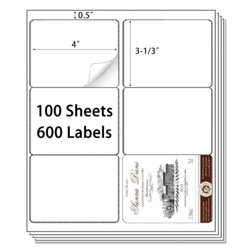 6 up 3-1/3“ x 4” Sticker Labels Shipping Address Labels for Laser & Inkjet Printers, 100 Sheets, Total 600 Labels (3-1/3" x 4" (6-UP) / 100 Sheets)