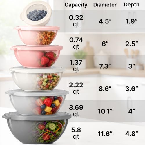 12 Piece Plastic Mixing Bowls with Lids Set (Pink)