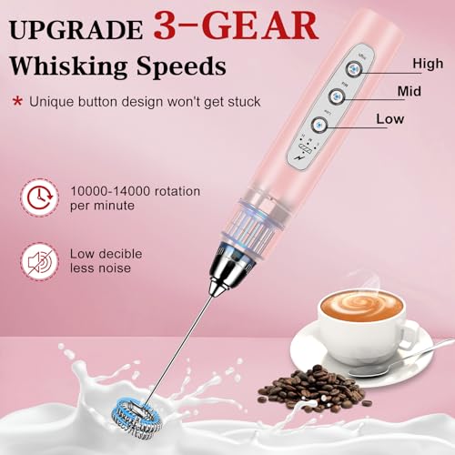 Milk Frother Wand Rechargeable Handheld Whisk Coffee 3 Speed Adjustable (Frother with stand / Pink)