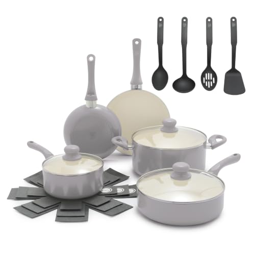 16pc Ceramic Nonstick Pots & Pans Cookware Set (16 Piece Cookware Set / Bloom / Gray)