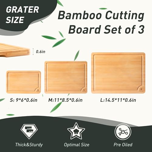 Bamboo Cutting Board Set Non Slip Feet with Holder Over Sink Kitchen Gadgets Charcuterie & Chopping Board Apartment Essentials New Home Must Haves Things Stuff Accessories House Housewarming Gifts (3 Pack / Natural)