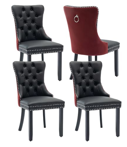 Red Velvet and Black PU Upholstered Dining Chairs Set of 4 (Black 2)