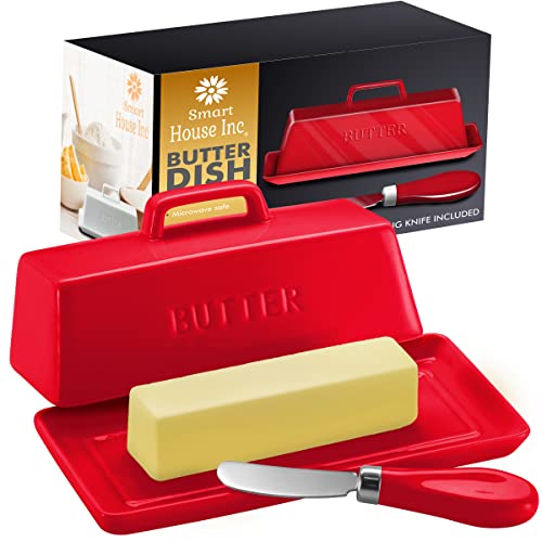 Ceramic Butter Dish Set with Lid and Knife (Red)