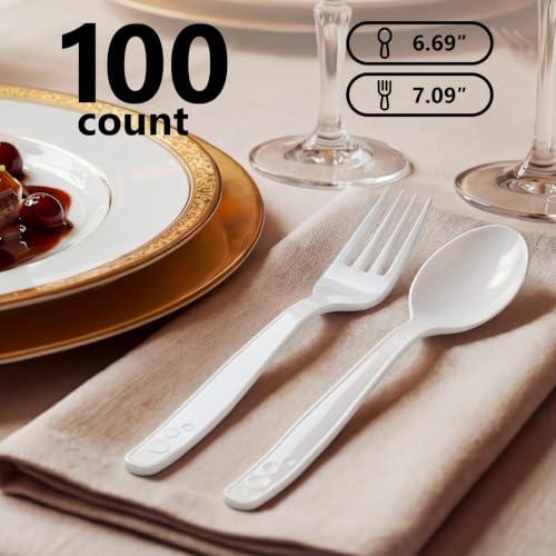 100 Count White Plastic Silverware Heavy Duty (White)