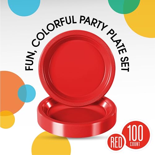 Exquisite Party Solids Sturdy Red Plastic Plates 7" Cake Plates 100 Pcs (7 inch / Red)