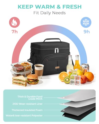 Lunch Box for Men Women Insulated Lunch Tote Cooler Bag Lunchbox (Black / Large)
