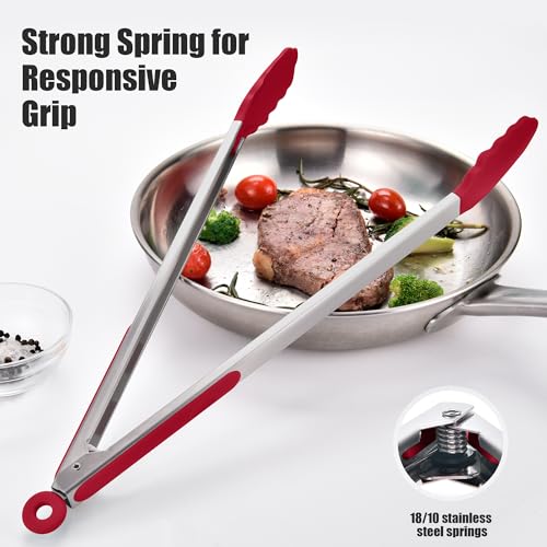 Kitchen Tongs with Silicone Tips for Cooking Serving (16in / Red)