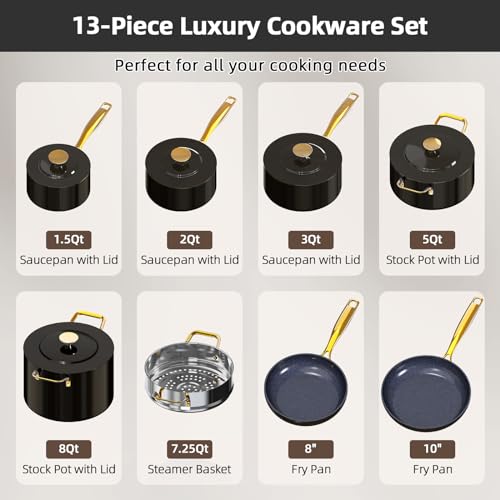 Lux LE 13Pc Ceramic Cookware Set with Elegant Gold Handle (Black Coffee LE)