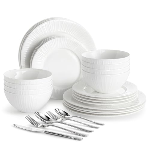 24Pc Bone China Dinnerware Set & 40Pc Flatware Combo Set for 8 (White-striped / service for 8-64pcs)