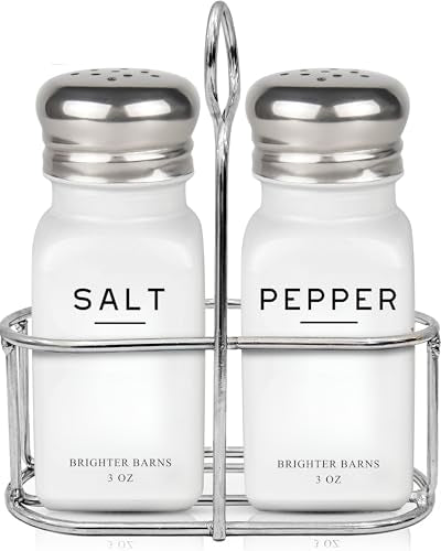 White Salt and Pepper Shakers Set with Holder by Brighter Barns (2 Count)